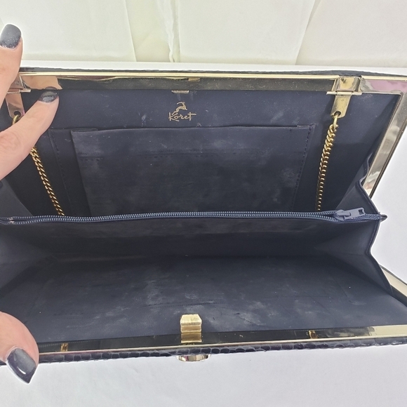 Vintage Koret dark navy reptile texture hinged convertible clutch/shoulder bag - Picture 6 of 7